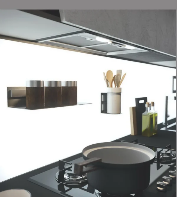 Mia cucina a doppio angolo, in laminato verde oliva e schienale vetro magnetico con cappa - immagine 8