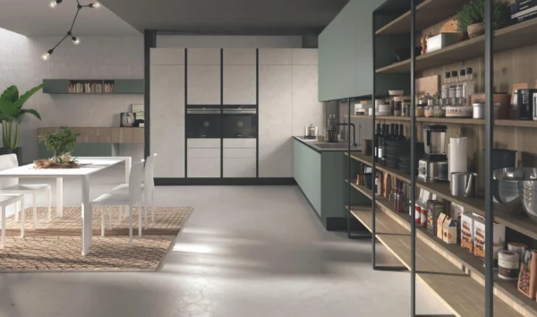 Erika 03 cucina ad angolo, Ante in vetro, basi con anta Jhon in alluminio nero - immagine 3