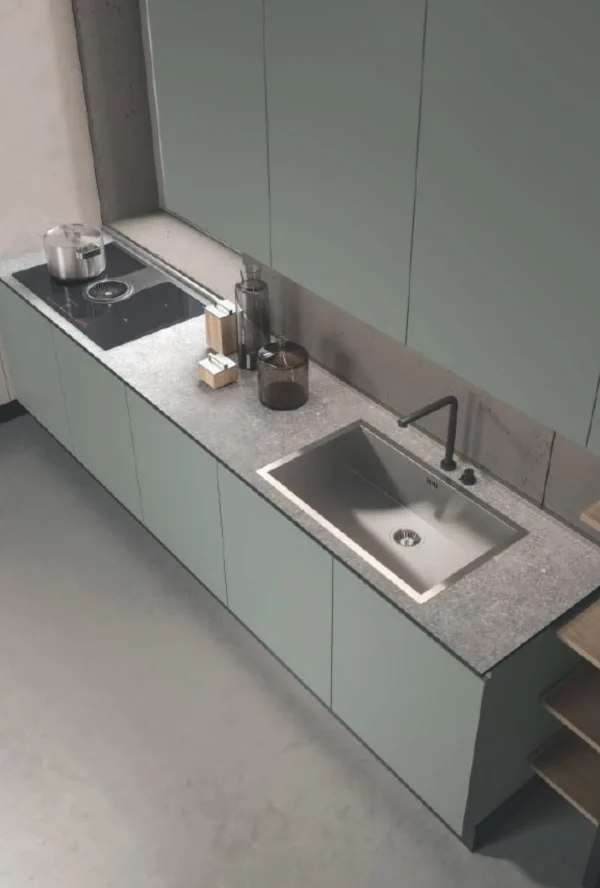 Erika 03 cucina ad angolo, Ante in vetro, basi con anta Jhon in alluminio nero - immagine 4