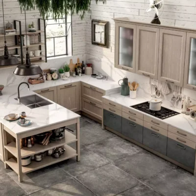 Village 02 cucina classica in legno di Frassino decapè anta telaio con maniglia