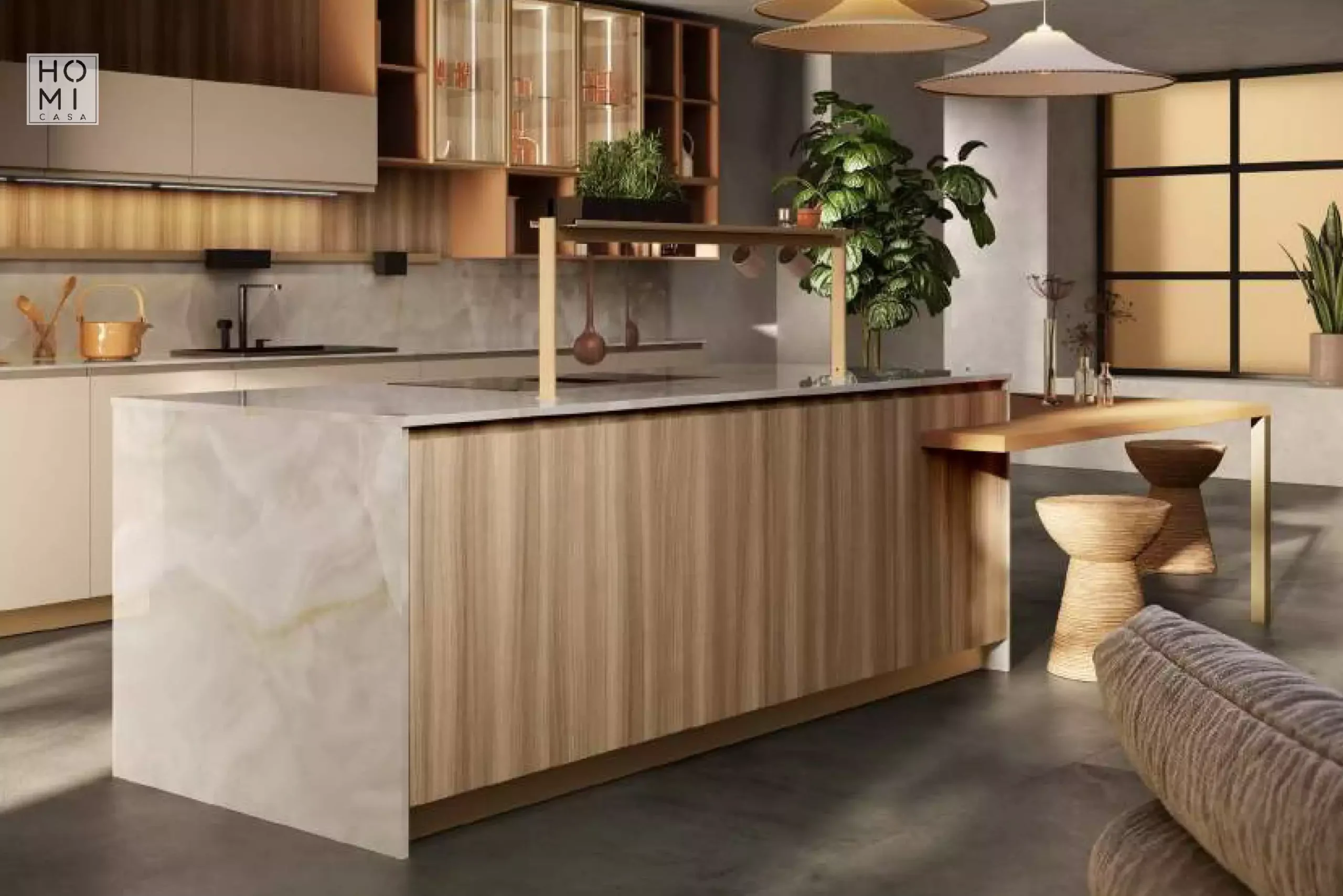 Cucina moderna con isola contraddistinta da ante Laccate Corda. Piano top in Gres Materica Onice Bianco
